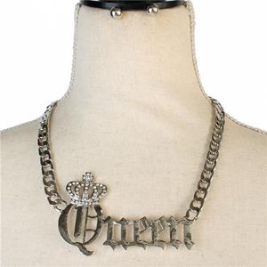 Silver QUEEN Word Pendant Statement Necklace Jewelry Rhinestone Crystal Crown